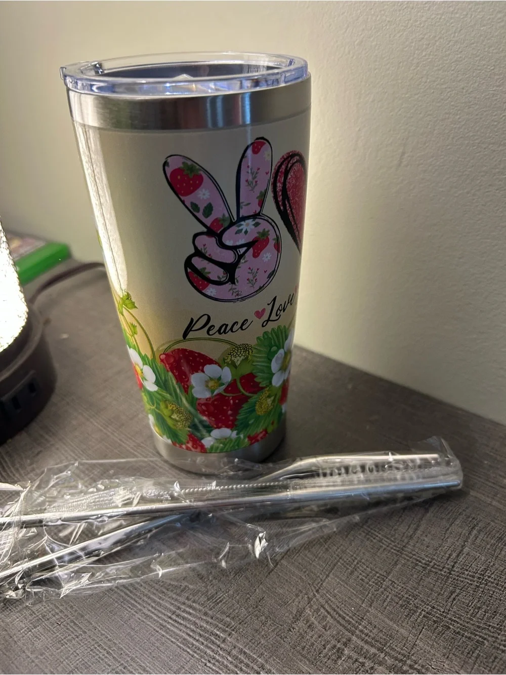 Paper Source White and Pink Strawberry Peace Love Stainless Steel Tumbler